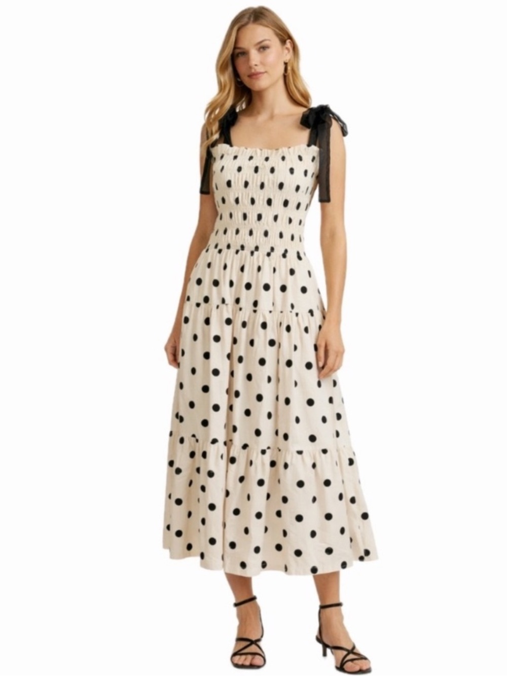 En Saison Cream Maxi Dress with Black Polka Dots and Tie Shoulders